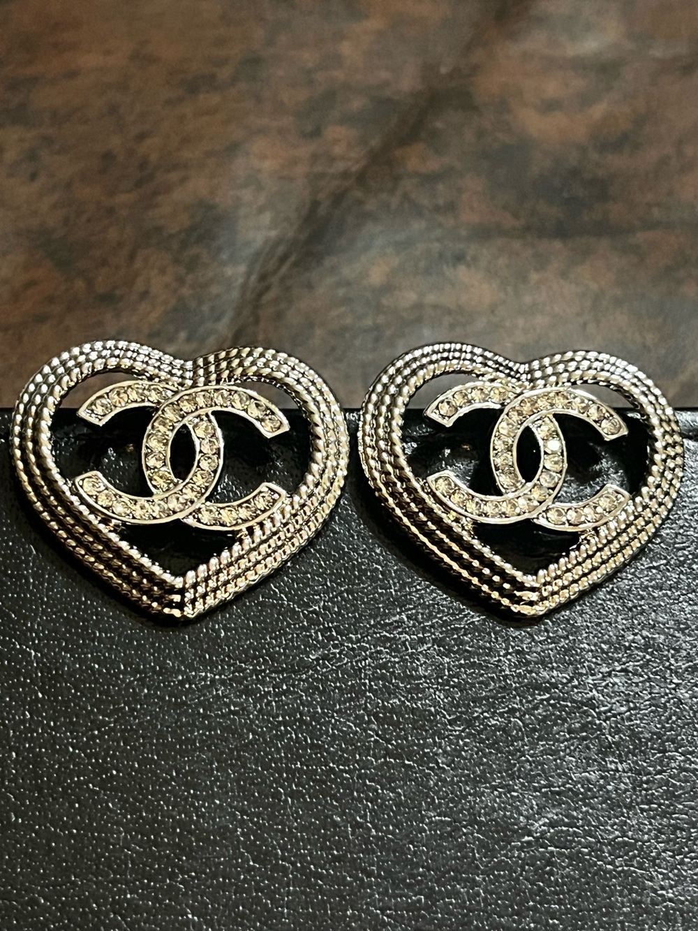 Double C Designer Silver Tone Heart Shape Rhinestone Logo Earrings